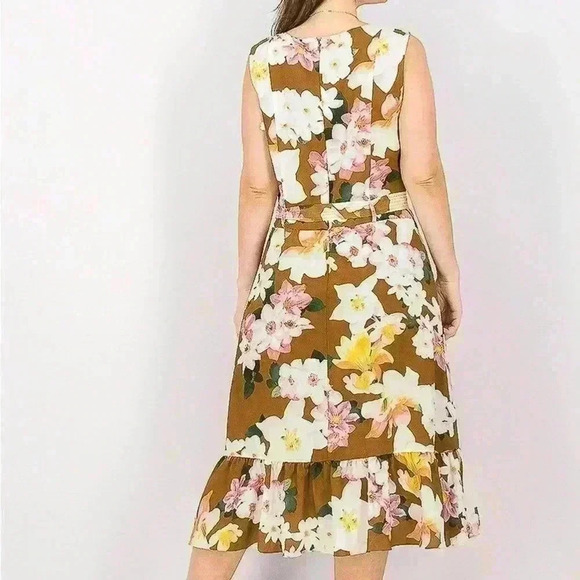 Calvin Klein Women Floral Printed Ruffled,Hem Dress, Tan Wheat Sz 6 - Picture 2 of 10
